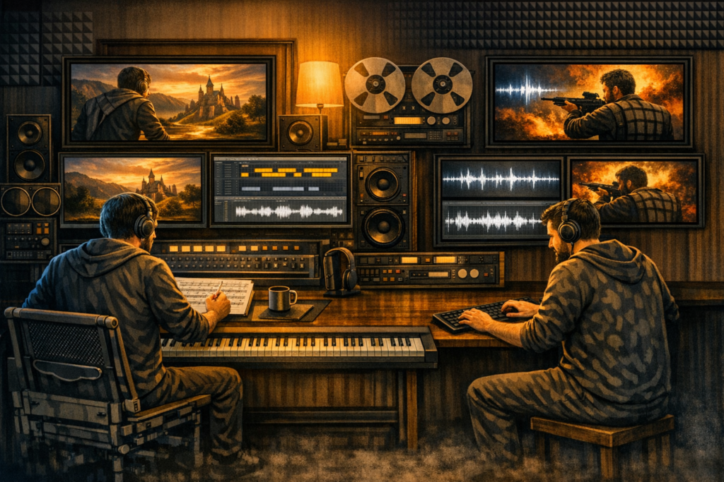 Equipo de audio y compositores. Imagen generado IA.